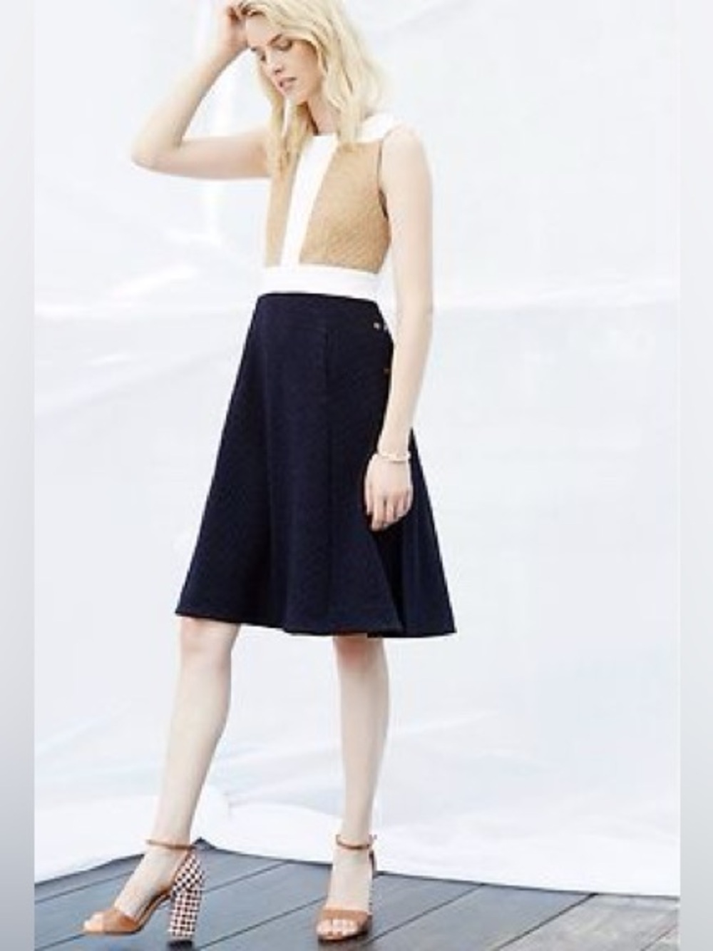 Maeve by Anthropologie Cabled Colorblock Navy Tan White A-Line Skirt Dress -Sz 6